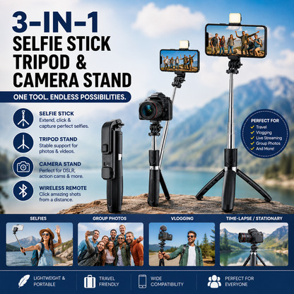 Flash 3-in-1 Selfie Stick Tripod with Bluetooth Remote