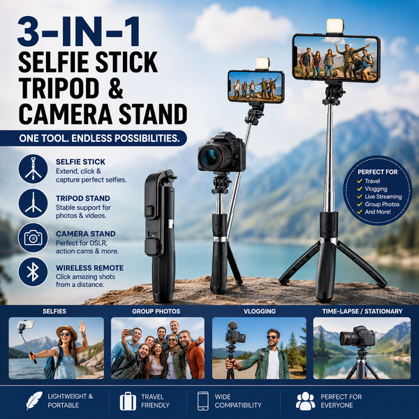 Flash 3-in-1 Selfie Stick Tripod with Bluetooth Remote