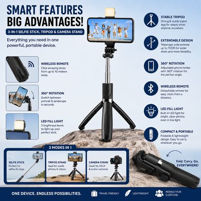 Flash 3-in-1 Selfie Stick Tripod with Bluetooth Remote