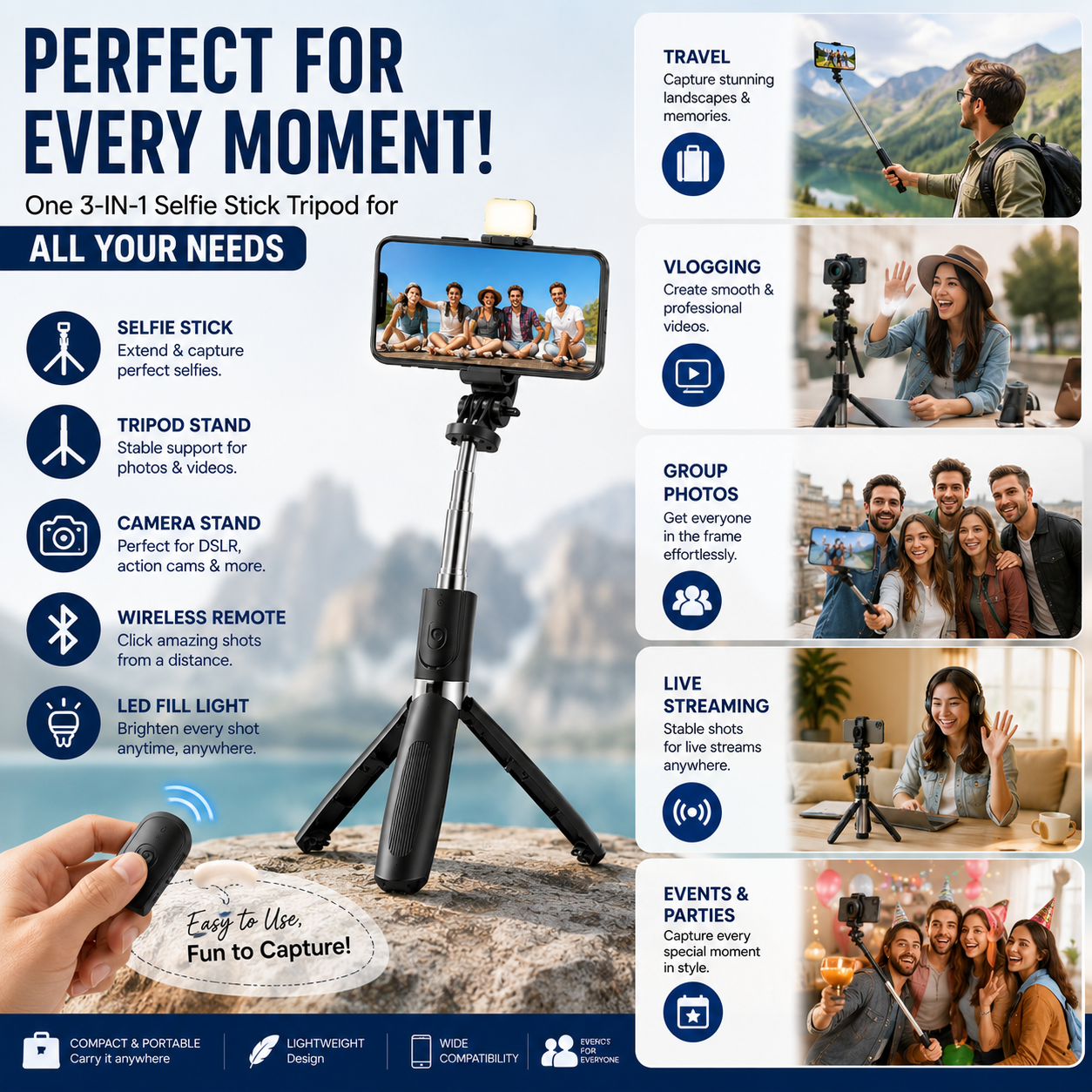 Flash 3-in-1 Selfie Stick Tripod with Bluetooth Remote