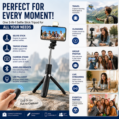 Flash 3-in-1 Selfie Stick Tripod with Bluetooth Remote