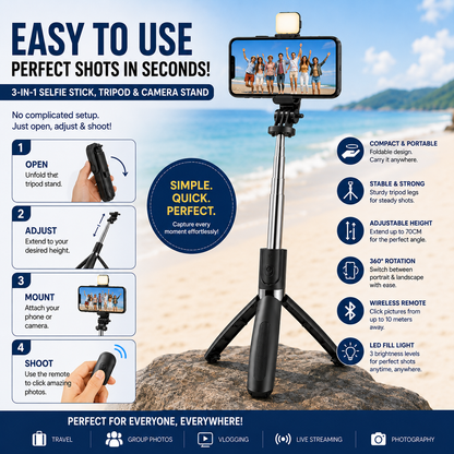 Flash 3-in-1 Selfie Stick Tripod with Bluetooth Remote