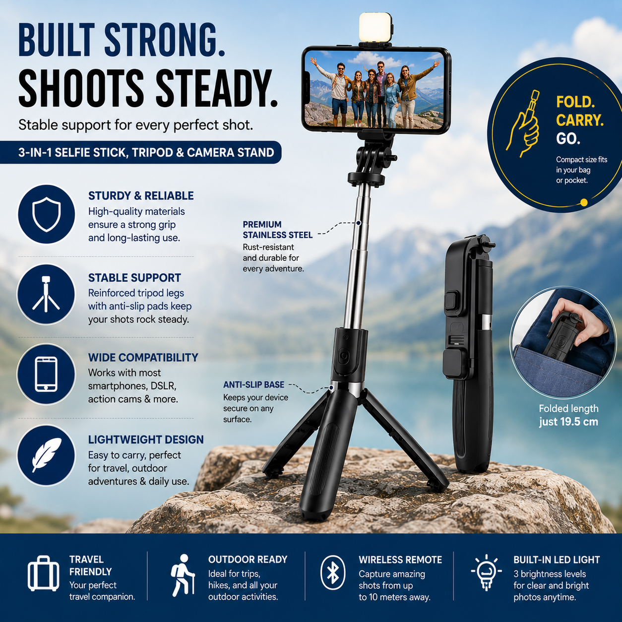 Flash 3-in-1 Selfie Stick Tripod with Bluetooth Remote