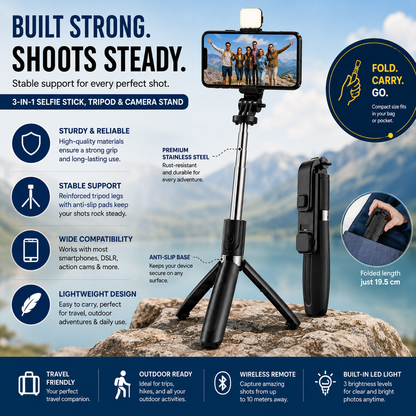 Flash 3-in-1 Selfie Stick Tripod with Bluetooth Remote