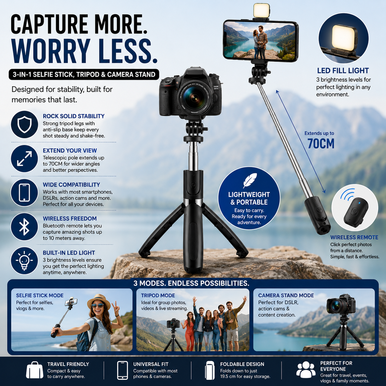 Flash 3-in-1 Selfie Stick Tripod with Bluetooth Remote