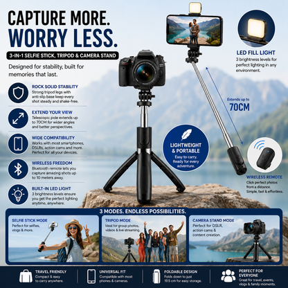 Flash 3-in-1 Selfie Stick Tripod with Bluetooth Remote